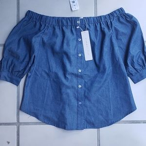 Off Shoulder Tie Denim Blouse Tops.